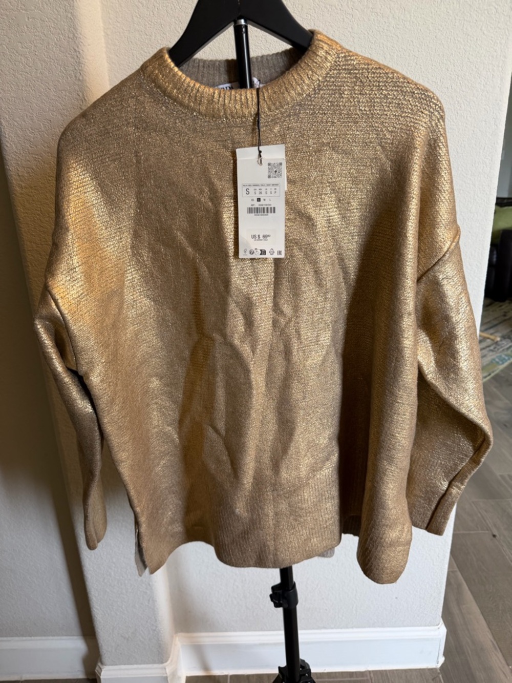 Zara Metallic Gold Foil Cable Knit Crewneck Sweater - Women S